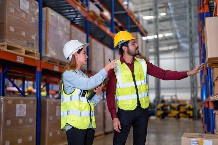 A supply chain and logistics grad collaborating with a colleague in a warehouse